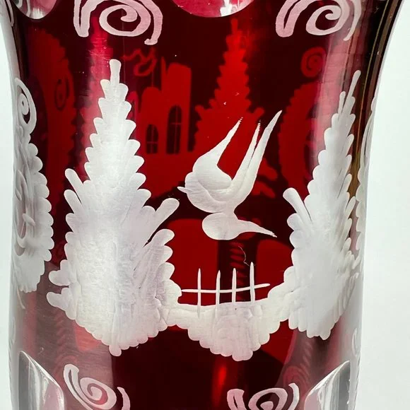 Vtg Egermann Vase Bohemian Ruby Red Cut To Clear Etched Glass Castle Bird Czech